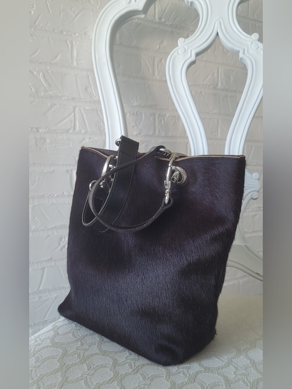 MAURIZIO TAIUTI Black Haircalf Tote Bag with Silver Hardware - Picture 5 of 8